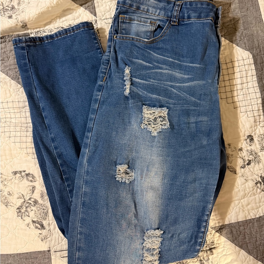 Lucky & Blessed Blue Distressed Straight Leg Jeans